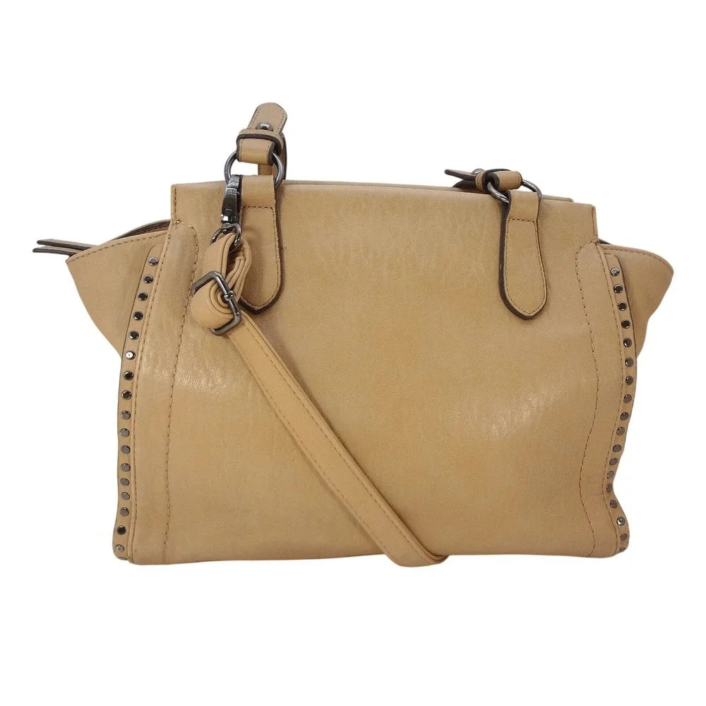 Jessica Simpson Misha Satchel Crossbody Tan Stud Trim Feather Charm Faux Leather